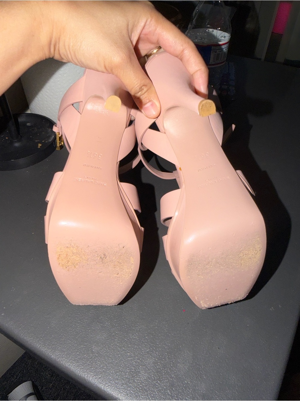 Saint Laurent Pink Leather Woven T-Strap Heels - Picture 2 of 4